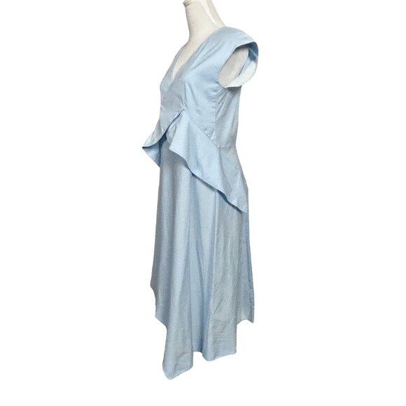 COS Dress Womens 6 Draped Cap Sleeve Blue V-Neck Midi Stretch Asymetrical Hem - Picture 2 of 16
